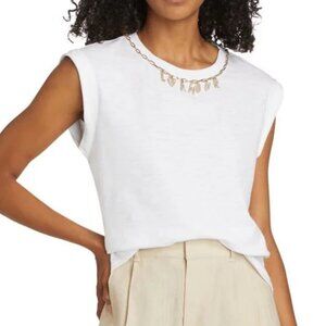 NWT$295 CINQ À SEPT Lamour Bella Necklace Accent Cotton T-Shirt Top XS, S